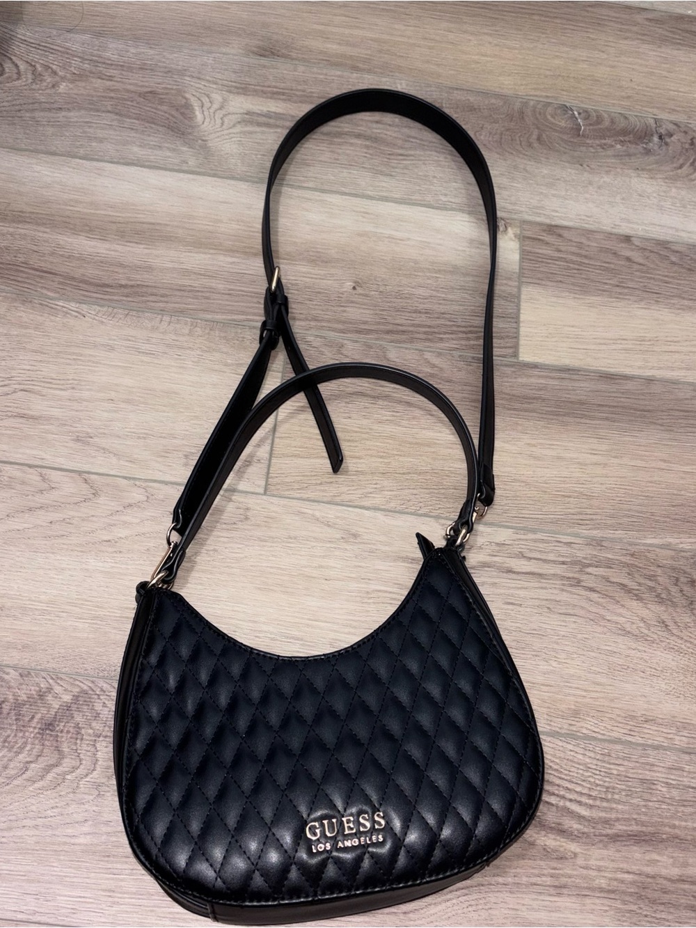 GUESS Black Quilted Shoulder Bag with Gold Logo